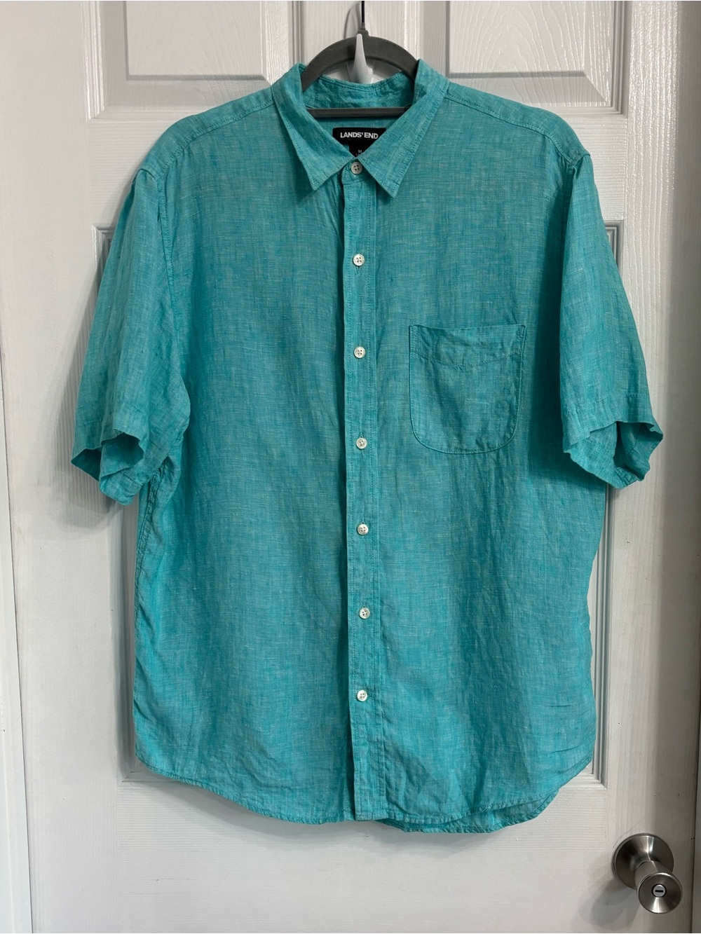 Lands' End Teal Short-Sleeve Linen Button-Up Shirt Medium Beach Vacation  Resort